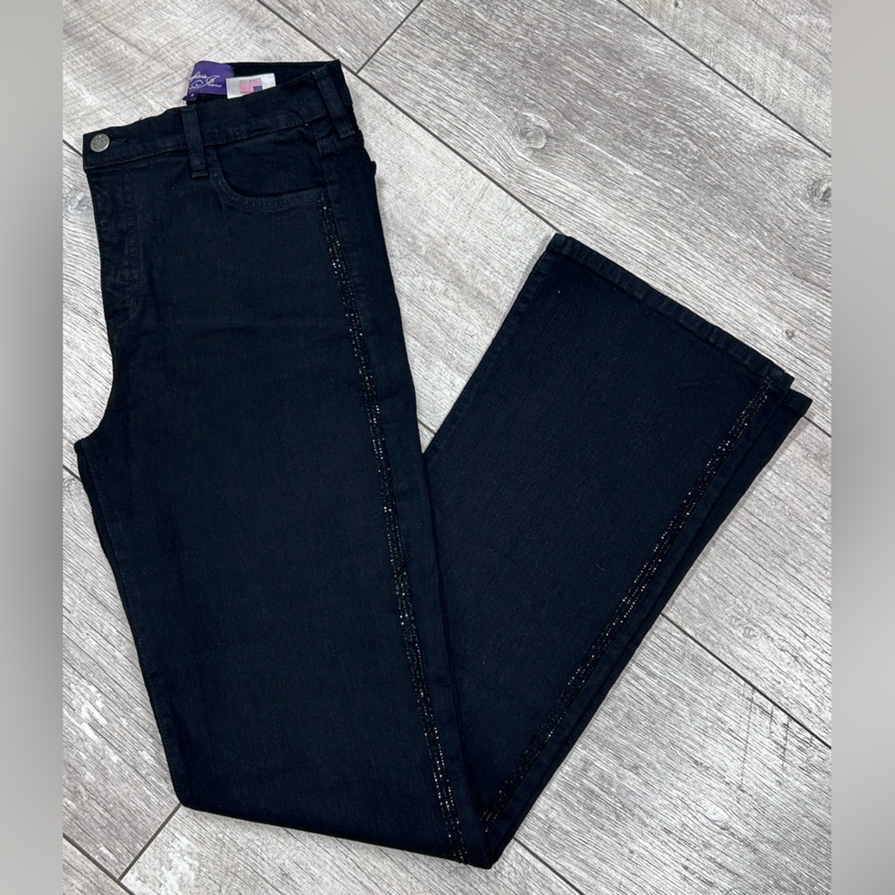 NYDJ - women’s straight leg jeans black rhinestone sides. Size 4